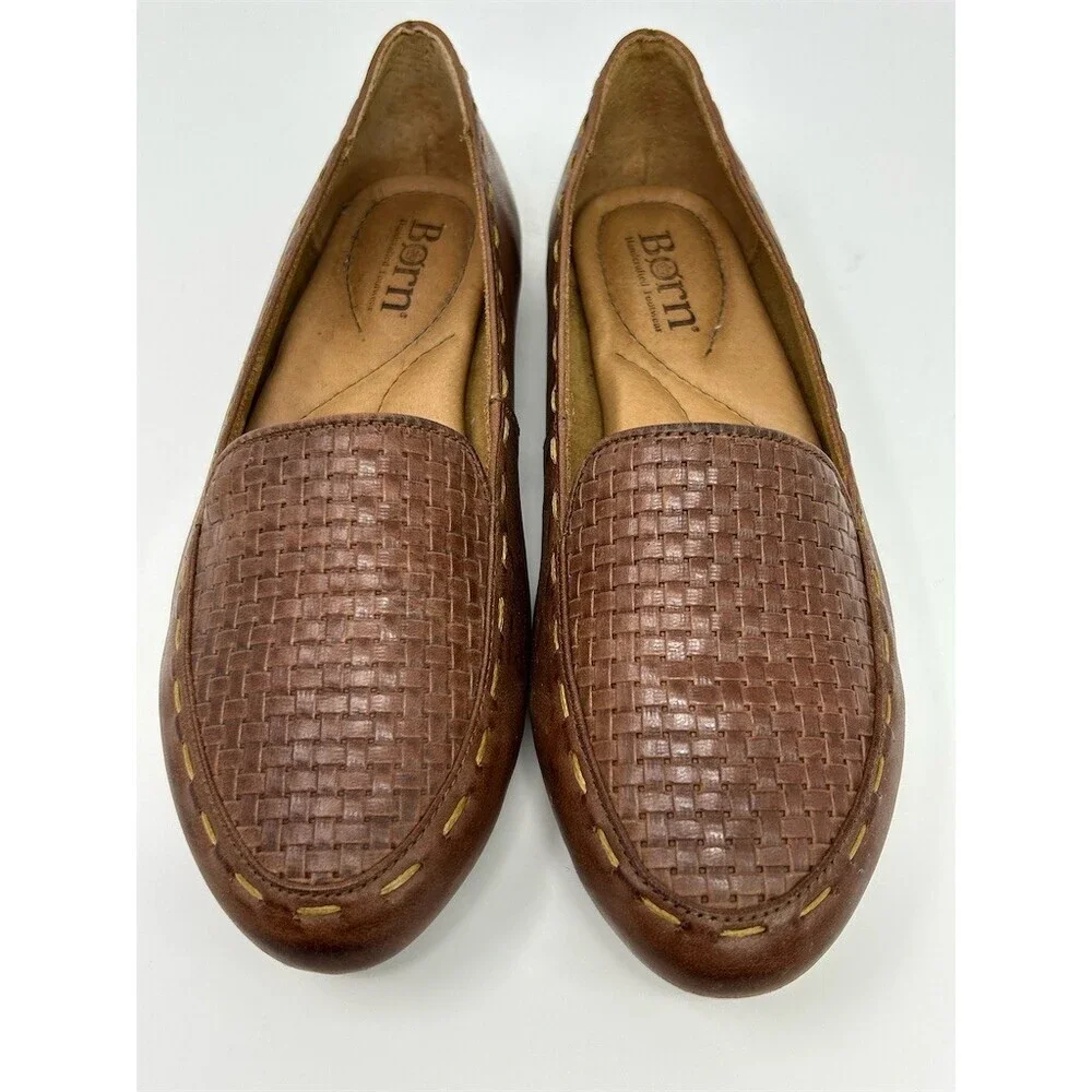 Born Womens Loafers Brown Woven Vamp Slip-On Driving Moc Flats Size 7.5
